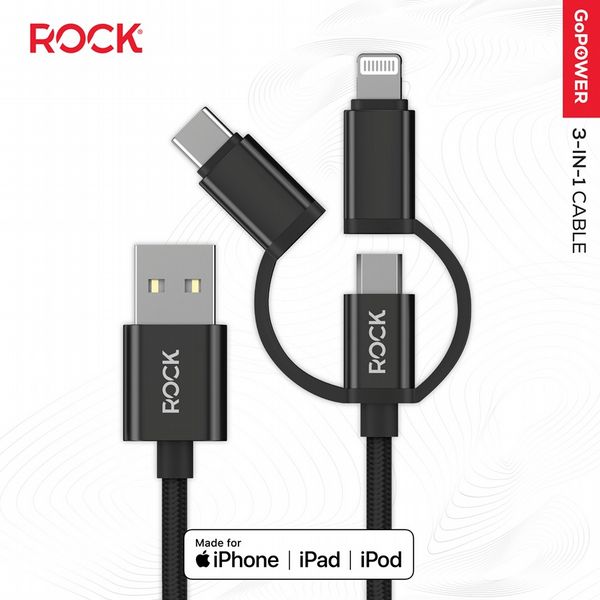 Rock Go Power Braided 1 Metre 3-in-1 MFI Charging Cable