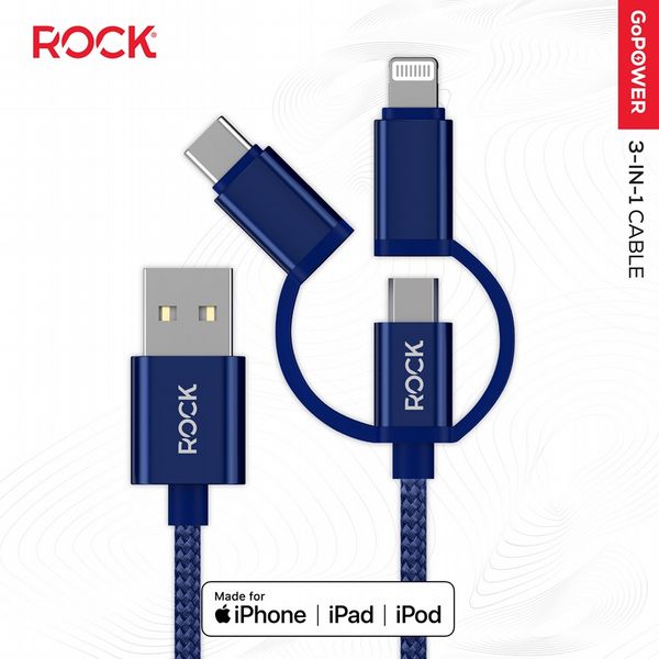 Rock Go Power Braided 1 Metre 3-in-1 MFI Charging Cable