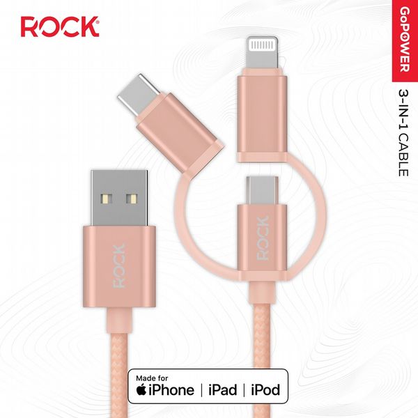 Rock Go Power Braided 1 Metre 3-in-1 MFI Charging Cable